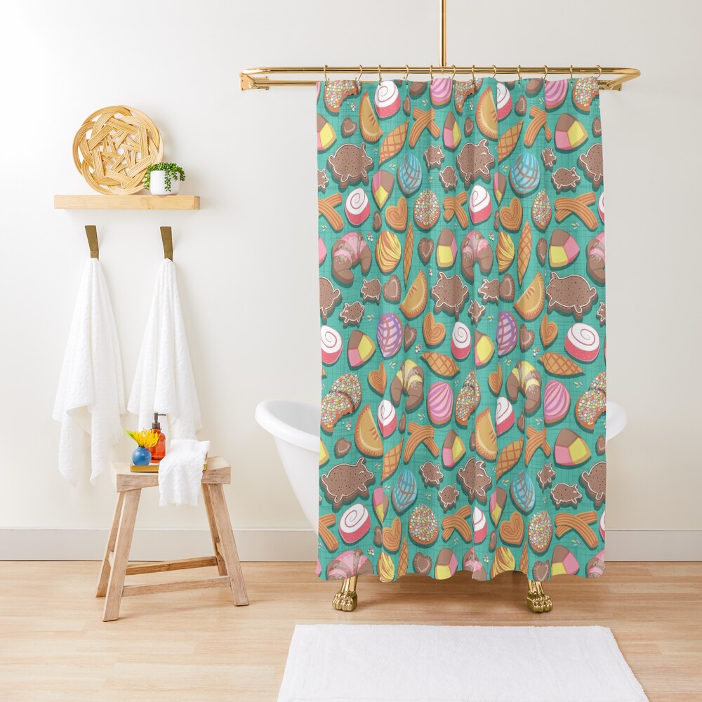Mexican Sweet Bakery Frenzy // teal background // pastel colors pan dulce Shower Curtain