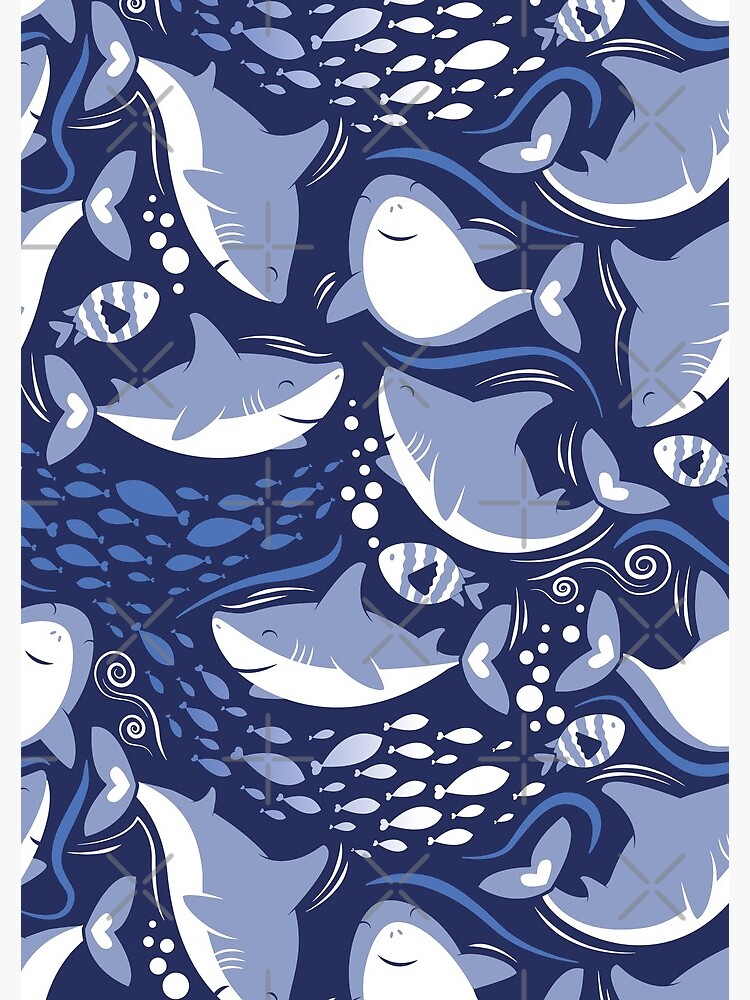 Thumbnail 3 of 3, Journal, Friendly sharks // navy blue background pale blue fishes designed and sold by SelmaCardoso.