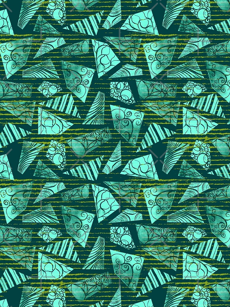 Watercolor polygon shapes on emerald grungy stripes by nobelbunt