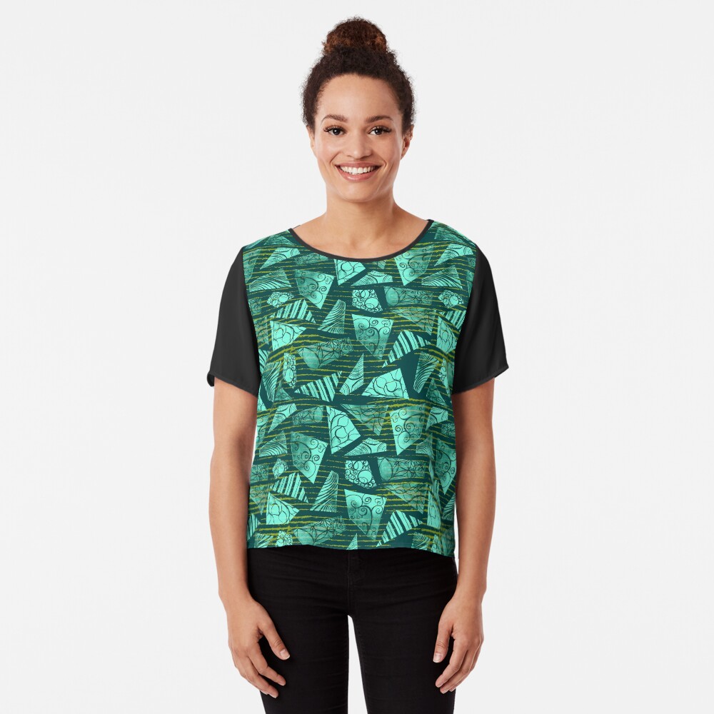Watercolor polygon shapes on emerald grungy stripes Chiffon Top