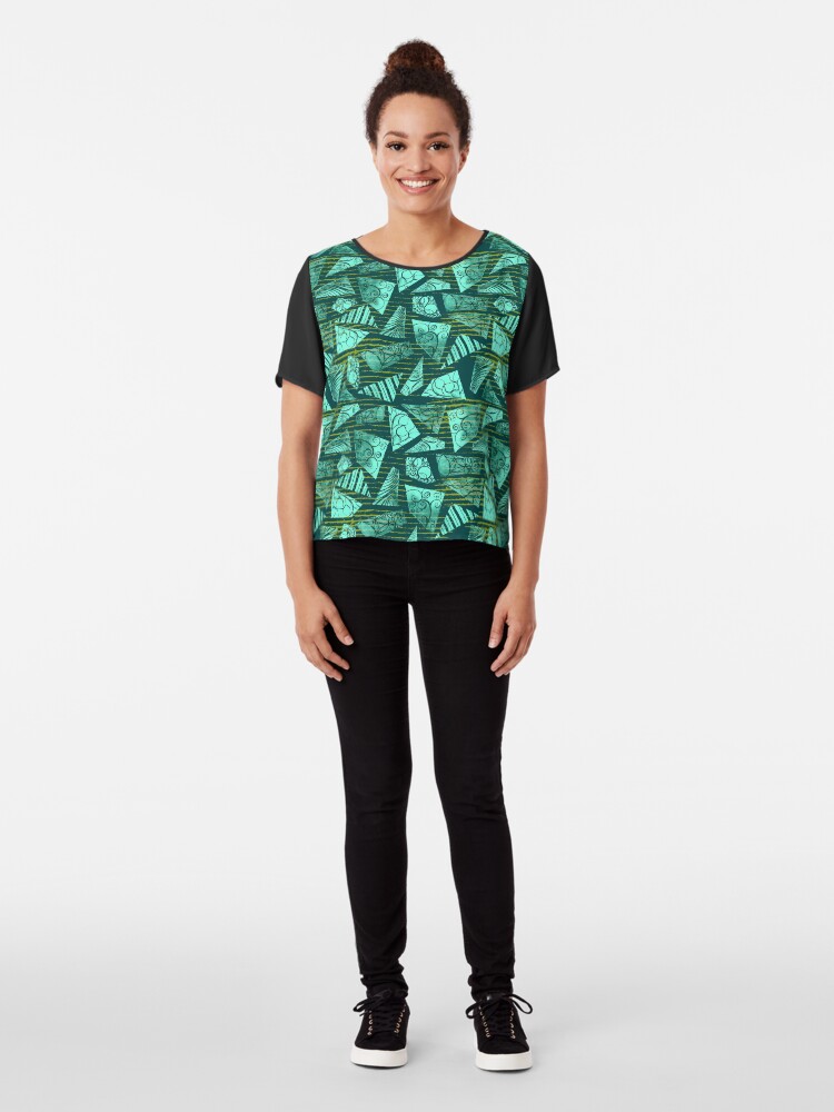 Alternate view of Watercolor polygon shapes on emerald grungy stripes Chiffon Top