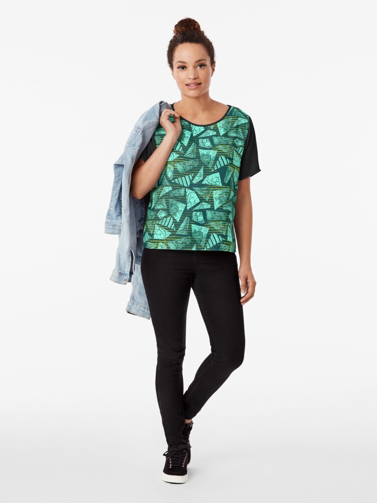 Alternate view of Watercolor polygon shapes on emerald grungy stripes Chiffon Top