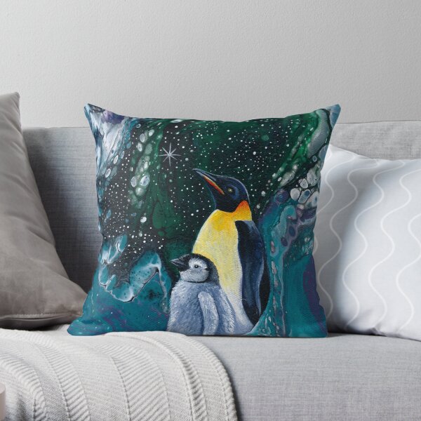 Christmas Star, penguins Throw Pillow