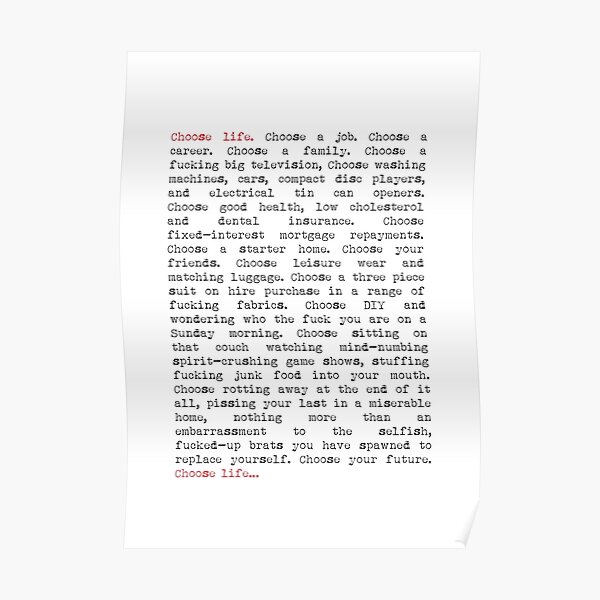 Choose Life Trainspotting Movie quote Poster