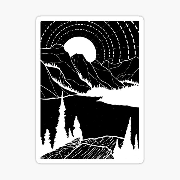 Forest Mountain Landscape Black and White Linocut Artwork Framed