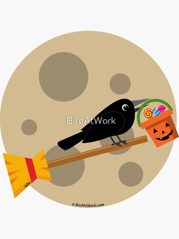 "Halloween Crow Riding a Broom on a Full Moon" Sticker by BirdAtWork