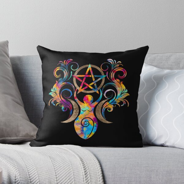 Triple Moon Goddess with pentagram Throw Pillow