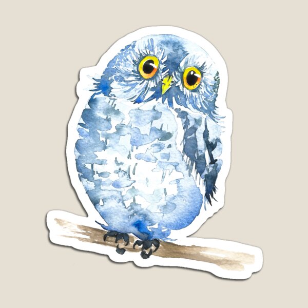 Watercolor Blue Owl, Hand painted Magnet