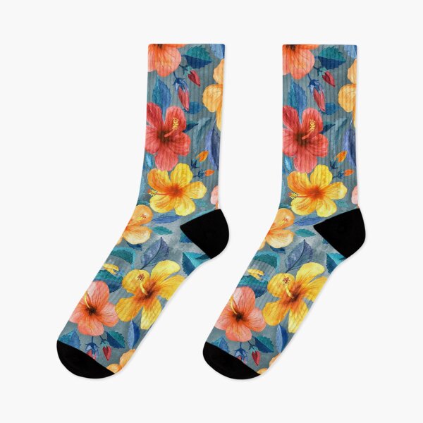 Item preview, Colorful Watercolor Hibiscus on Grey Blue designed and sold by micklyn.