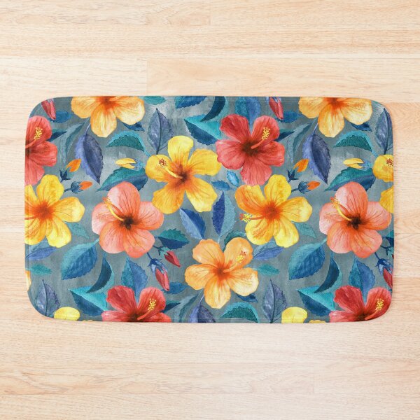 Item preview, Colorful Watercolor Hibiscus on Grey Blue designed and sold by micklyn.