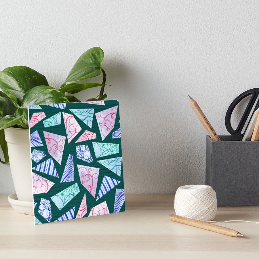 Pastel colored doodle watercolor polygon shapes on dark green Art Board Print