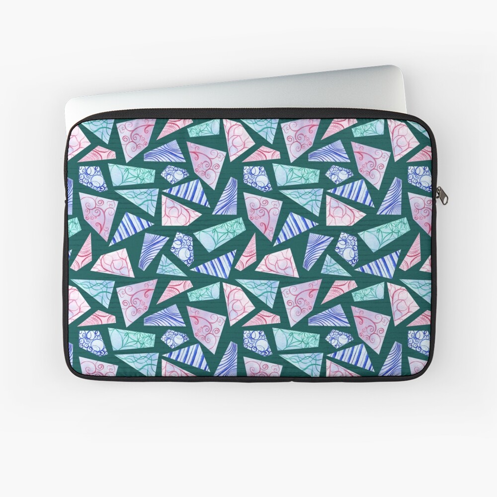 Pastel colored doodle watercolor polygon shapes on dark green Laptop Sleeve