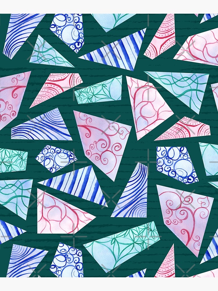 Pastel colored doodle watercolor polygon shapes on dark green by nobelbunt