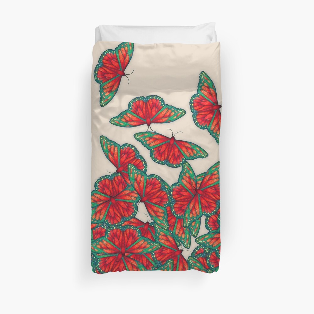 Ruby & Emerald Butterfly Dance - red, teal & green butterflies on cream Duvet Cover