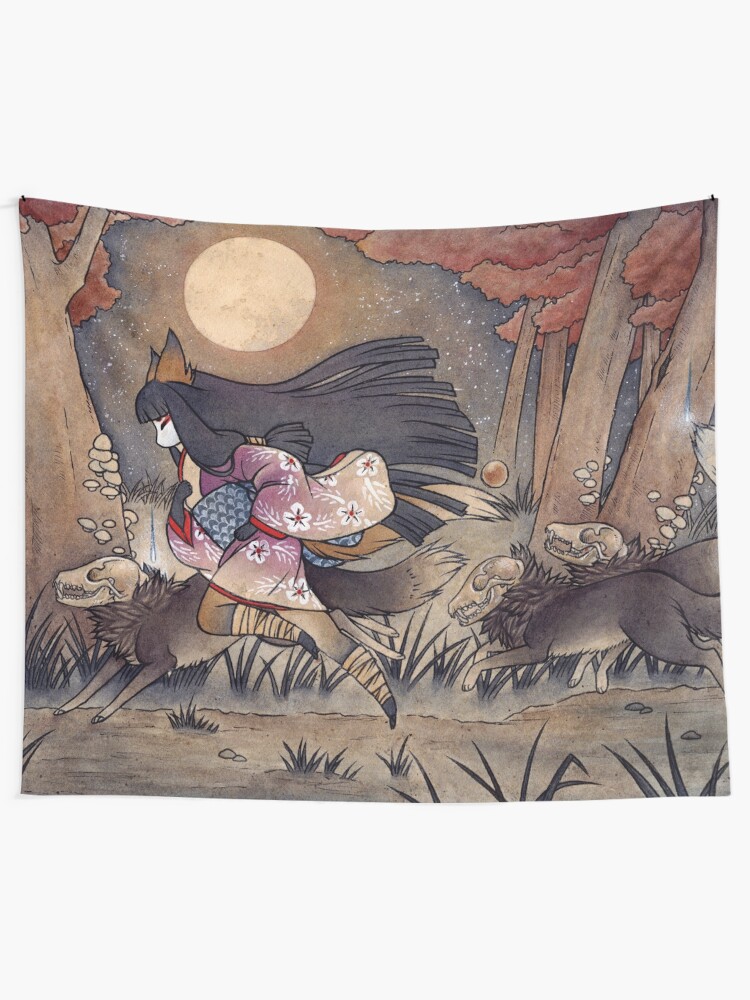 Alternate view of Running With Monsters - Kitsune Fox Yokai Tapestry