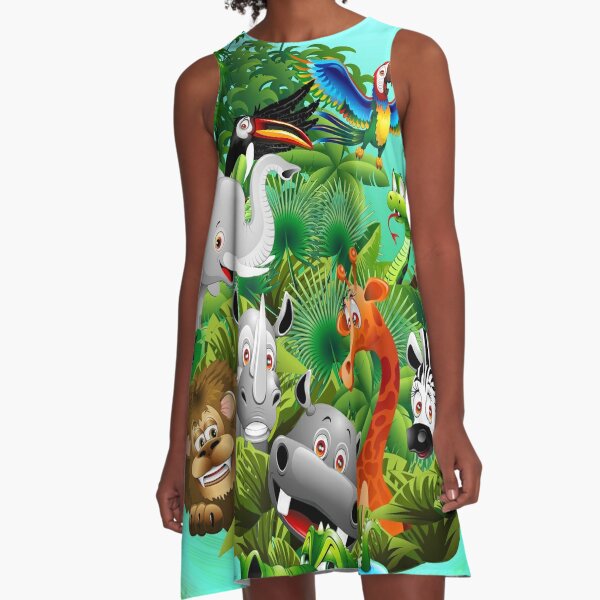 Wild Animals Cartoon on Jungle A-Line Dress