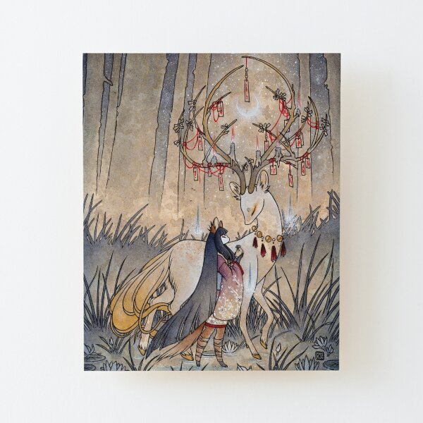 El deseo - Kitsune Fox Deer Yokai Lámina montada de madera
