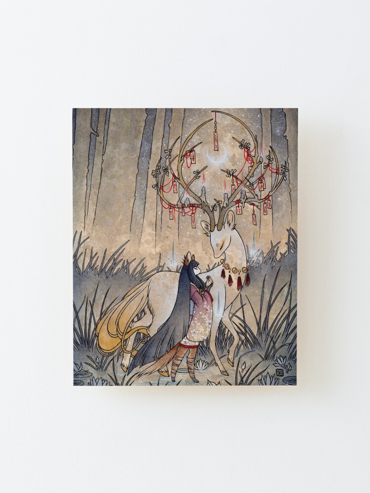 Alternate view of The Wish - Kitsune Fox Deer Yokai Mounted Print