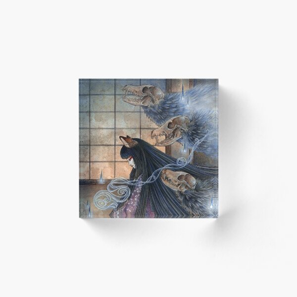 Unmasked - Kitsune Fox Yokai Skull Acrylic Block