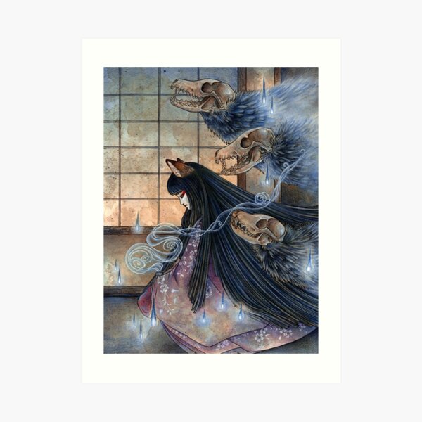 Unmasked - Kitsune Fox Yokai Skull Art Print