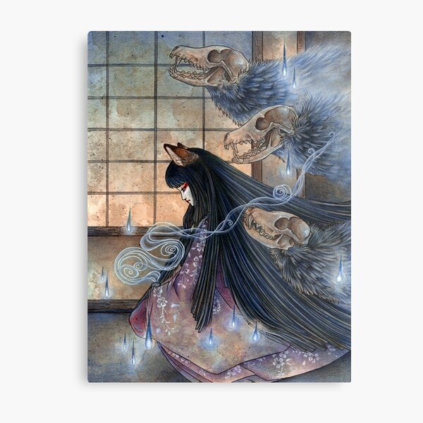 Unmasked - Kitsune Fox Yokai Skull Metal Print