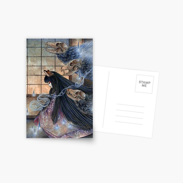 Unmasked - Kitsune Fox Yokai Skull Postcard