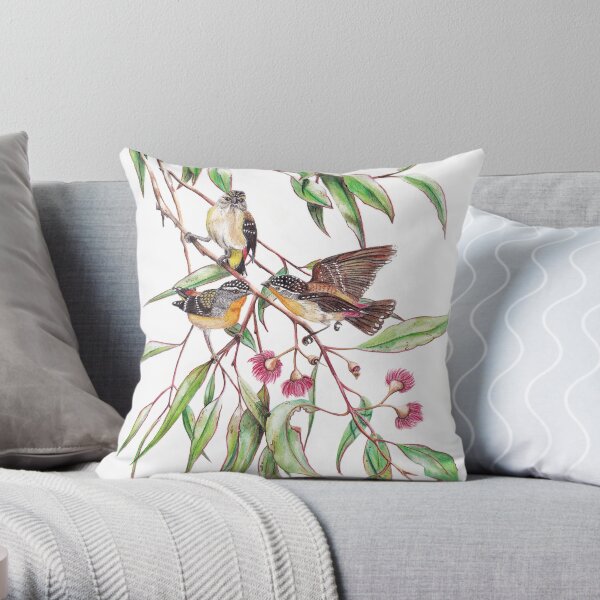 Spotted Pardalotes on Pink Flowering Gum Throw Pillow