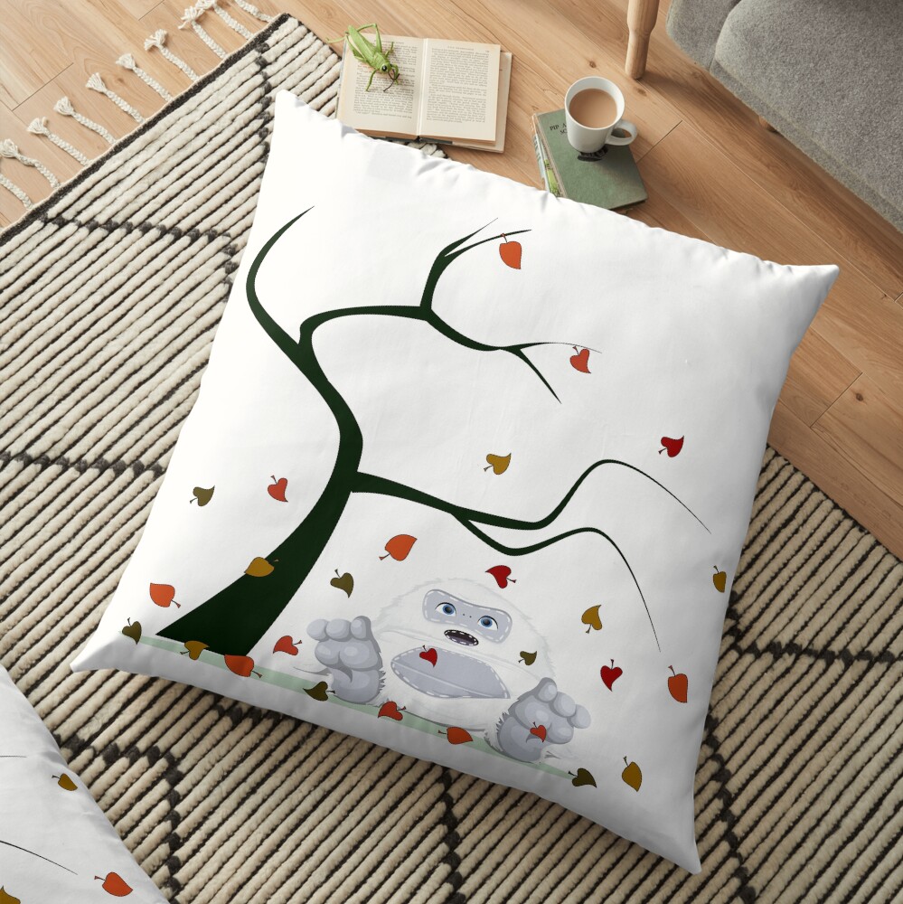 Autumn Design - Kawaii Little Yeti With Falling leaves Floor Pillow