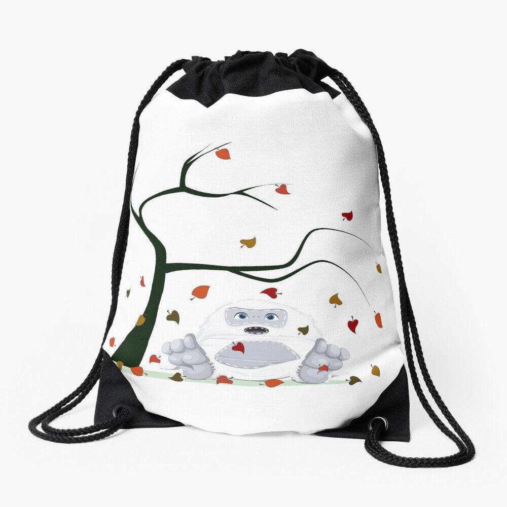 Autumn Design - Kawaii Little Yeti With Falling leaves Drawstring Bag