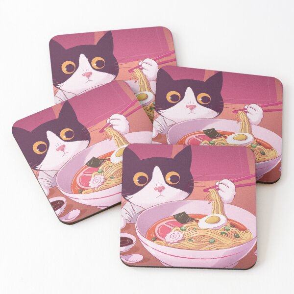 Cute black and white cat eating delicious Noodles Ramen with chopsticks Coasters (Set of 4)