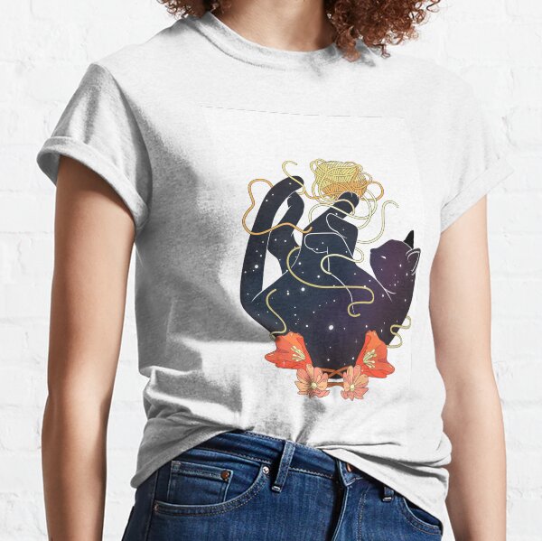 Awesome digital art illustration of cat playing with a ball of string with bold colors including red, yellow and purple. Classic T-Shirt