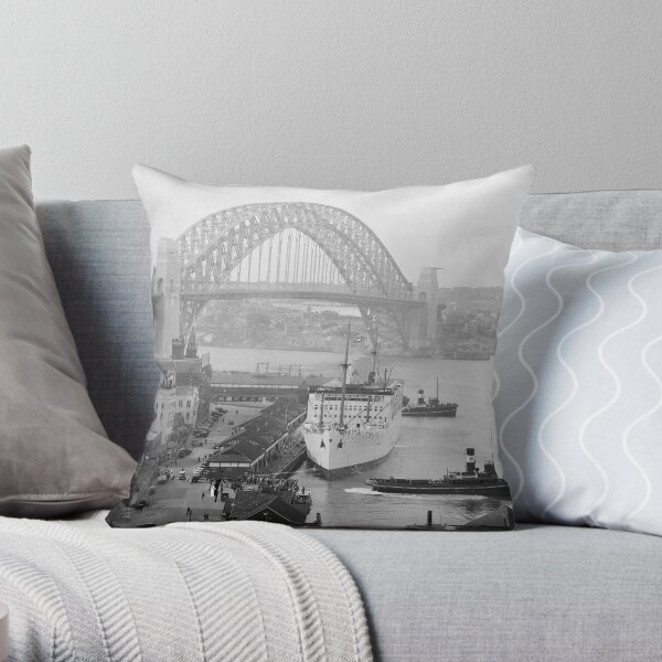 P&O liner RMS STRATHNAVER alongside the wharf in west Circular Quay, Sydney Throw Pillow