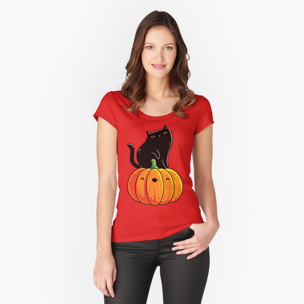 Black Kitten on a Pumpkin Fitted Scoop T-Shirt