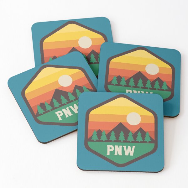 Item preview, PNW Pacific Northwest Sunrise, Mountains and Tall Trees Multi-colored Badge designed and sold by fernandopolania.