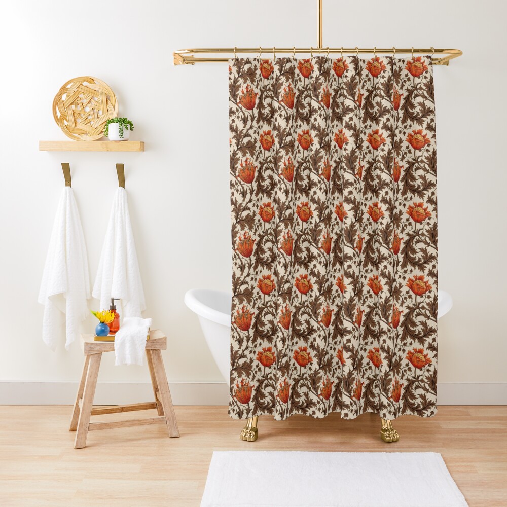 "William Morris Anemone, Beige, Brown and Rust Orange " Shower Curtain