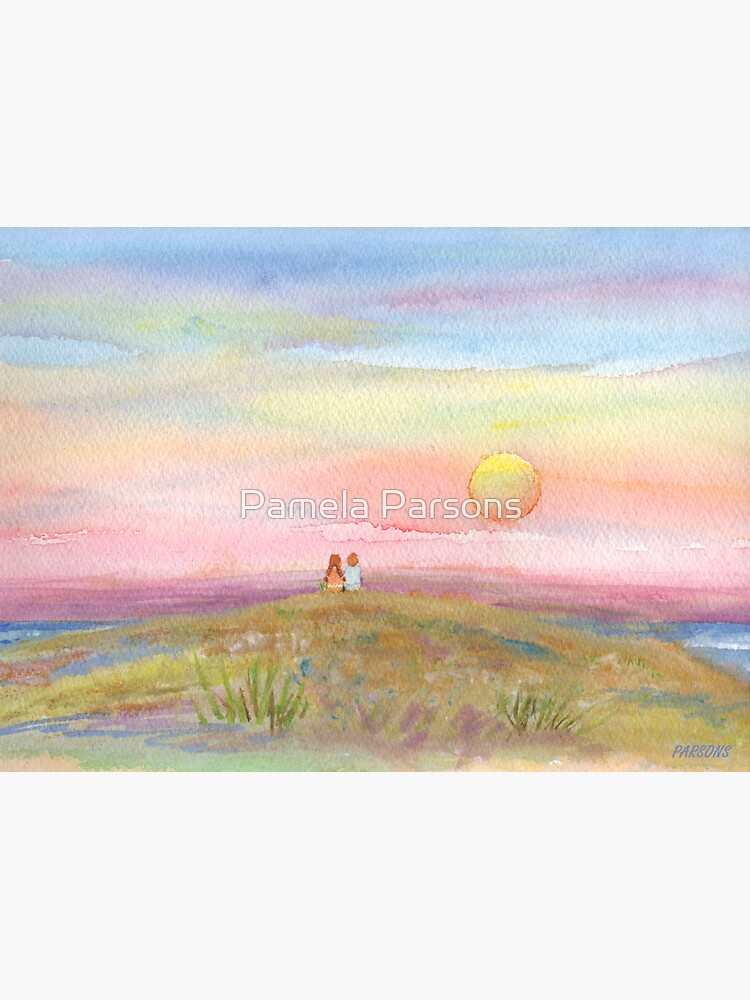 Best Friends, original watercolor painting by Pamela Parsons. Childhood, little boy, little girl, sunset, beach, ocean by parsonsp
