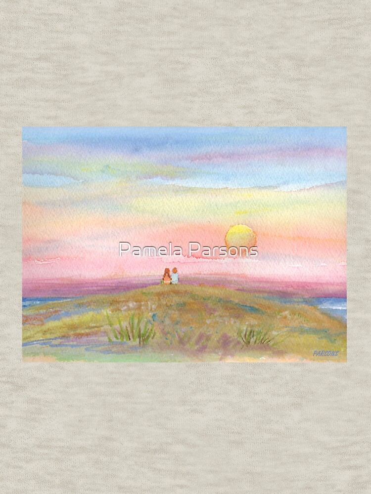 Best Friends, original watercolor painting by Pamela Parsons. Childhood, little boy, little girl, sunset, beach, ocean by parsonsp