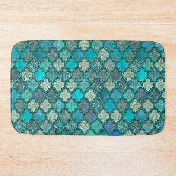 Floral Pattern, Aqua, Teal, Turquoise and Gray Bath Mat by Megan Morris