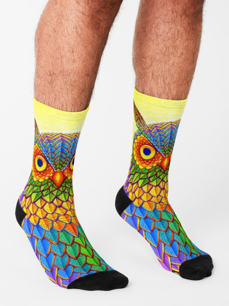 Thumbnail 3 of 5, Socks, Colorful Psychedelic Rainbow Owl designed and sold by lioncrusher.