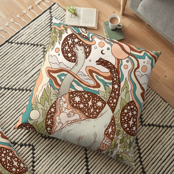 Portail jurassique | Palette arc-en-ciel rétro | Art de science-fiction dinosaure Coussin de sol