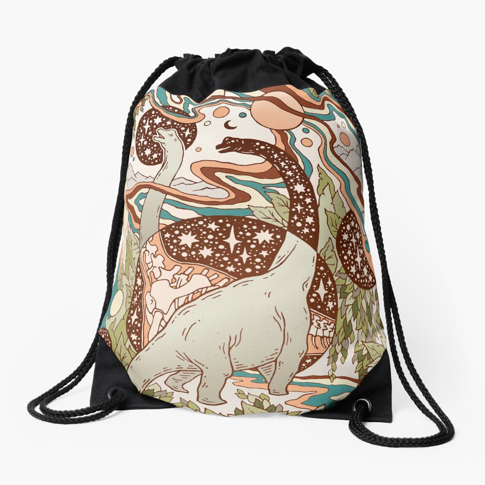 Jurassic Portal | Retro Rainbow Palette | Dinosaur Science Fiction Art Drawstring Bag
