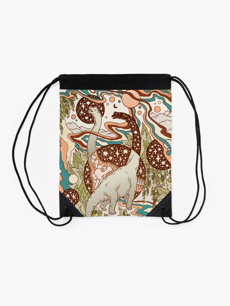 Alternate view of Jurassic Portal | Retro Rainbow Palette | Dinosaur Science Fiction Art Drawstring Bag