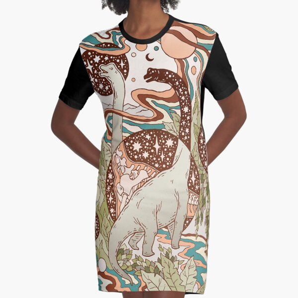 Jurassic Portal | Retro Rainbow Palette | Dinosaur Science Fiction Art Graphic T-Shirt Dress
