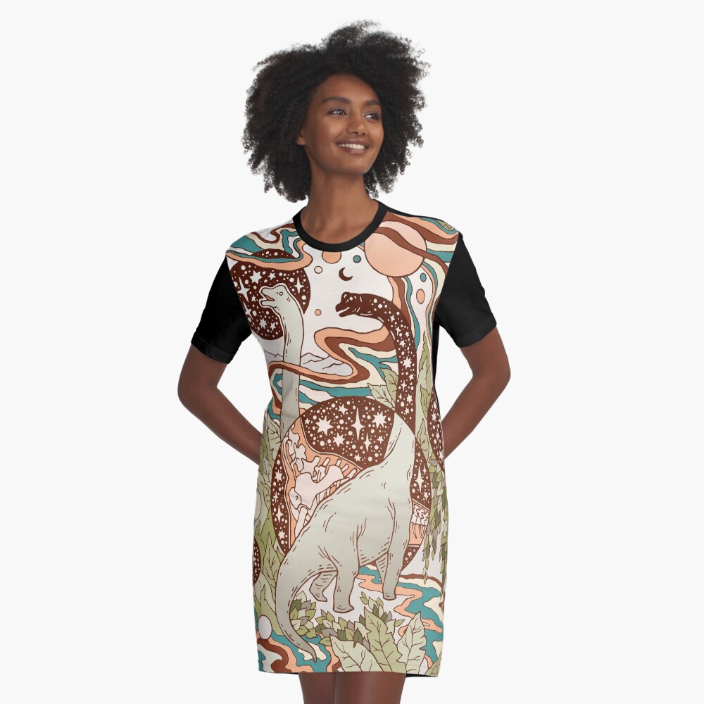 Jurassic Portal | Retro Rainbow Palette | Dinosaur Science Fiction Art Graphic T-Shirt Dress