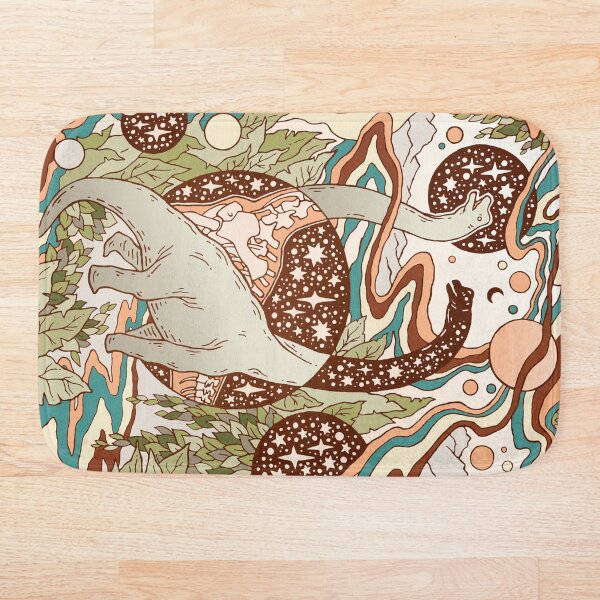 Jurassic Portal | Retro Rainbow Palette | Dinosaur Science Fiction Art Bath Mat