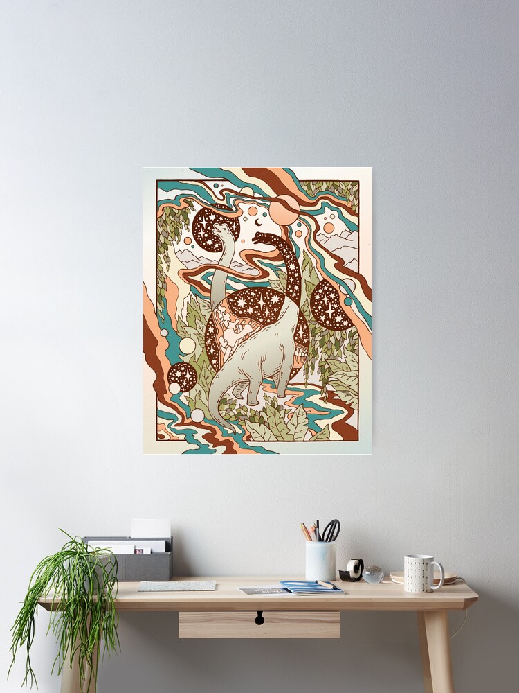 Thumbnail 1 of 3, Poster, Jurassic Portal | Retro Rainbow Palette | Dinosaur Science Fiction Art designed and sold by OMEGAFAUNA.