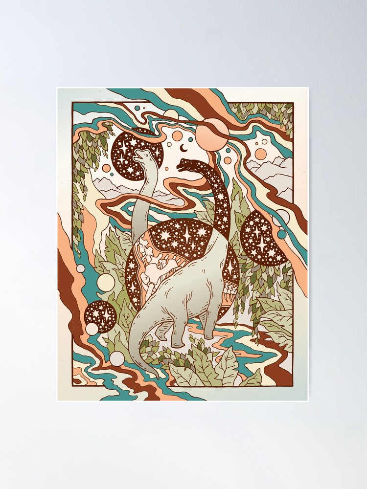 Thumbnail 2 of 3, Poster, Jurassic Portal | Retro Rainbow Palette | Dinosaur Science Fiction Art designed and sold by OMEGAFAUNA.