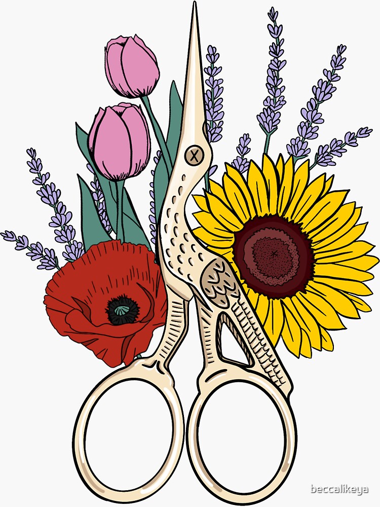 Thumbnail 3 of 3, Sticker, Floral Stork Scissors designed and sold by beccalikeya.