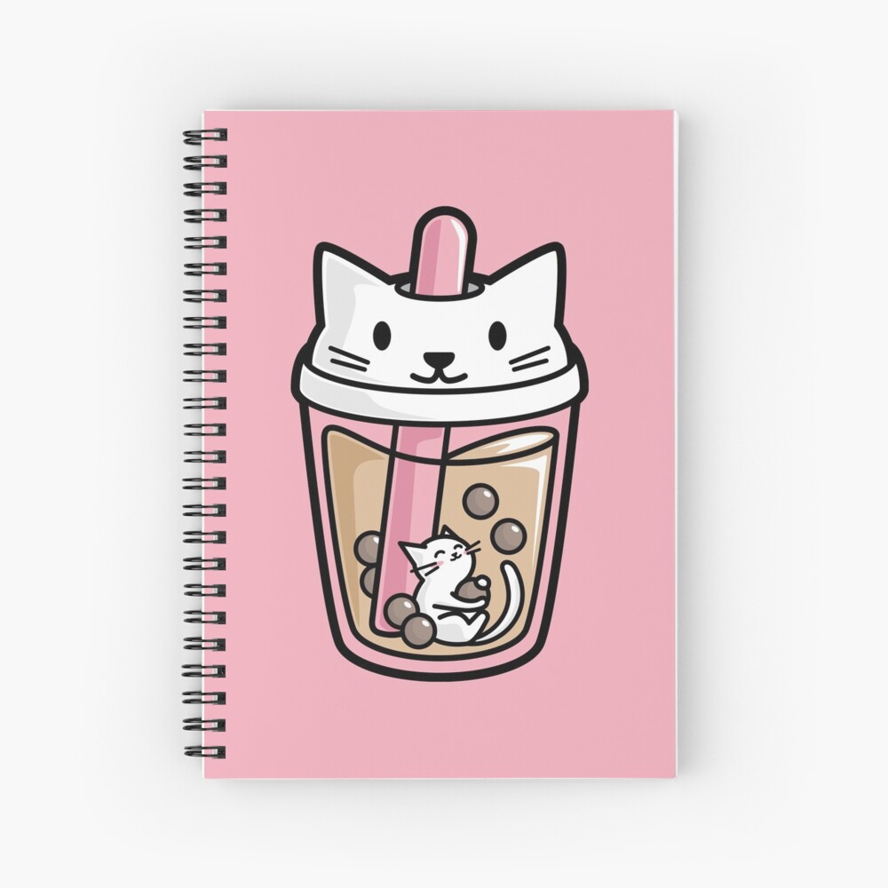 Cahier à spirale for Sale avec l'œuvre « Bubble Tea avec un chat