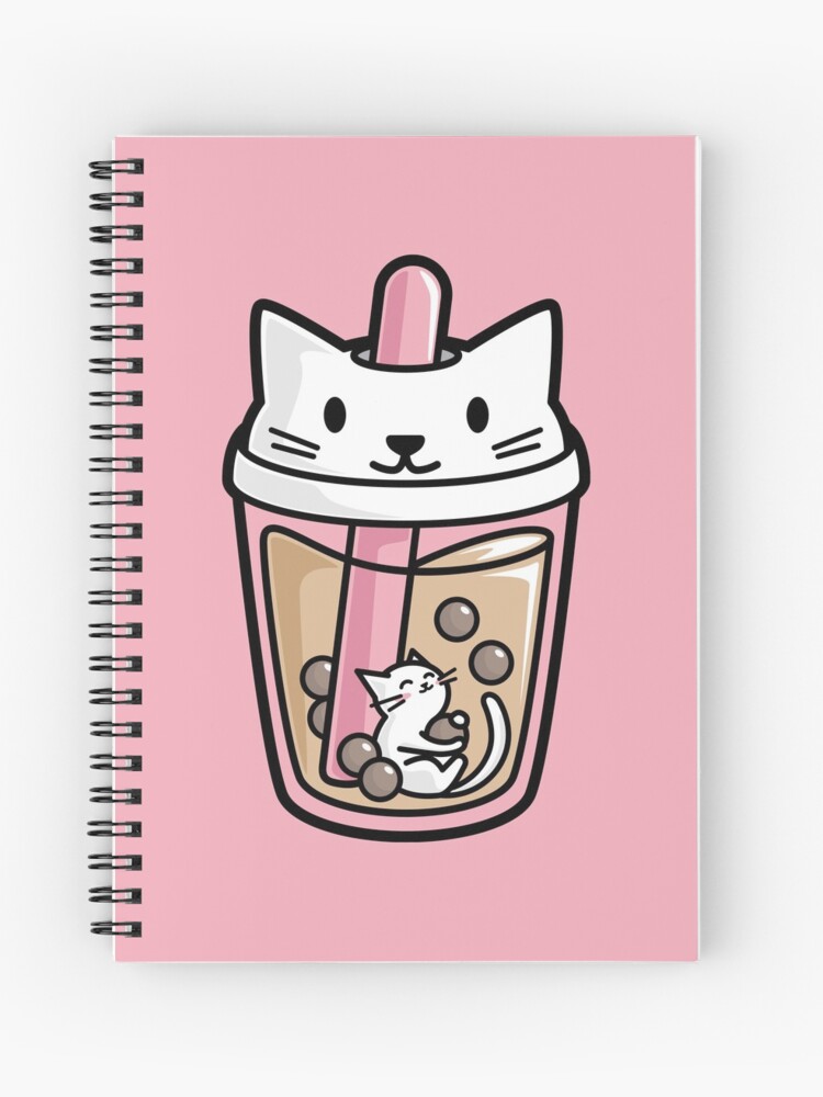 Bubble Tea with White Cute Kawaii Cat Inside | Spiral Notebook